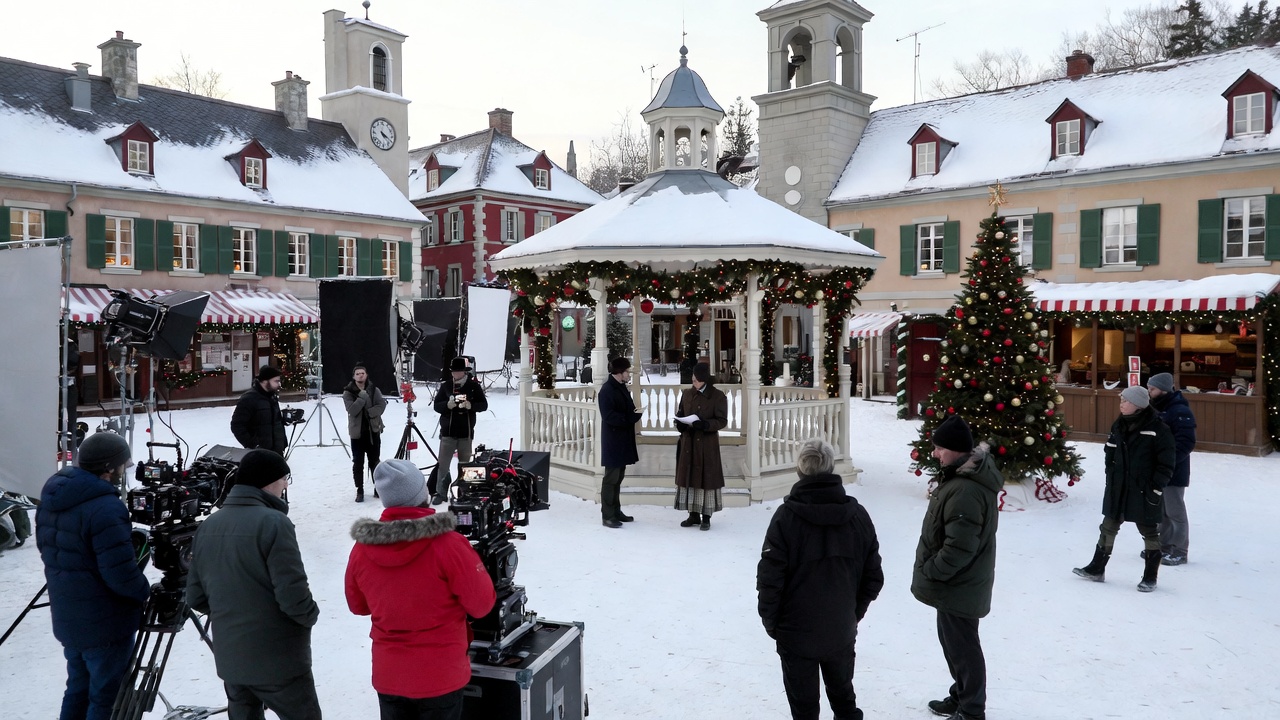 Film crew shooting in a snowy New Jersey town square