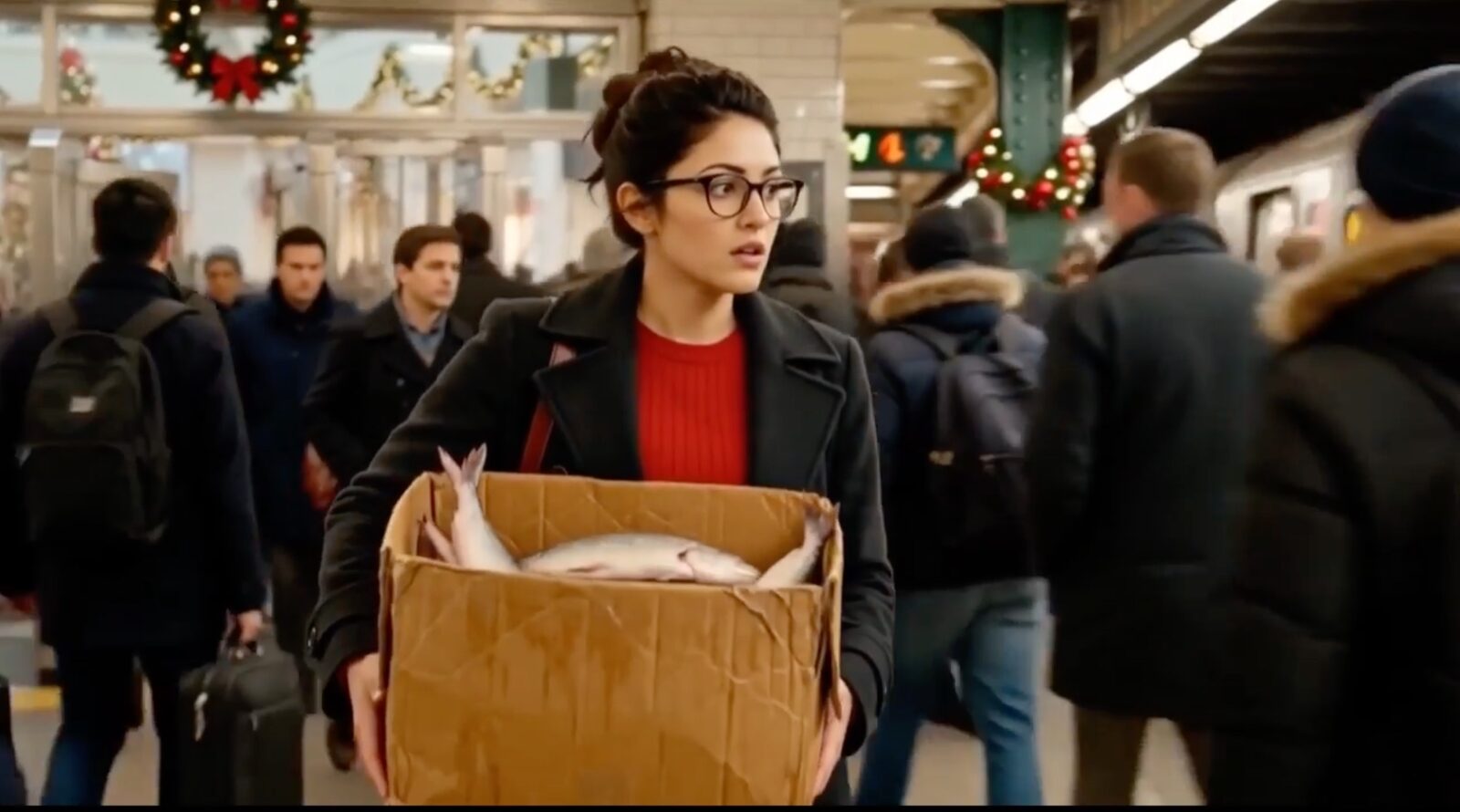 A woman in glasses carries a box through a crowded subway station decorated for Christmas